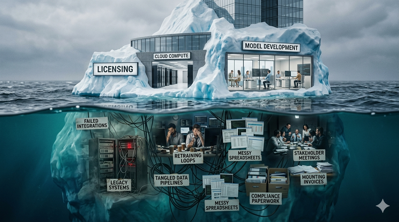 Iceberg diagram showing visible AI costs above the waterline versus hidden costs below the surface